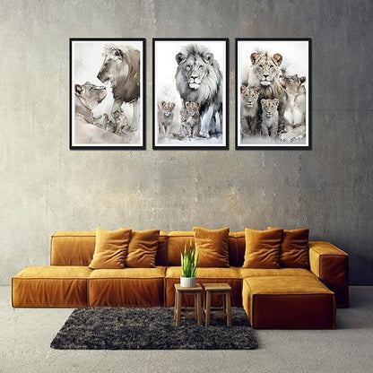 Wildlife Themed Framed Canvas Wall Art Set of 3 Lion Family Portrait Wall Decor for Country Apartment Living Room Bedroom Modern African Animal Artwork Decoration Easy to Hand 24x36inchx3pcs