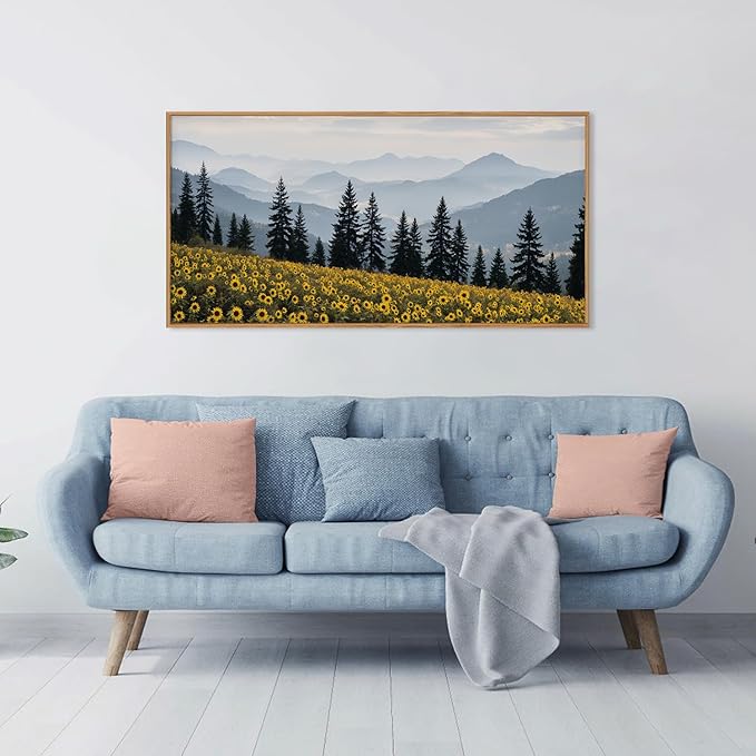 HPNIUB Mountain Sunflowers Landscape Framed Wall Art Set Nature Pine Tree Wall Decor,Boho Misty Forest Art Print Rustic Wildflower Painting Artwork for Living Room, Bedroom,Office-20''x40''