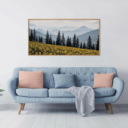 HPNIUB Mountain Sunflowers Landscape Framed Wall Art Set Nature Pine Tree Wall Decor,Boho Misty Forest Art Print Rustic Wildflower Painting Artwork for Living Room, Bedroom,Office-20''x40''