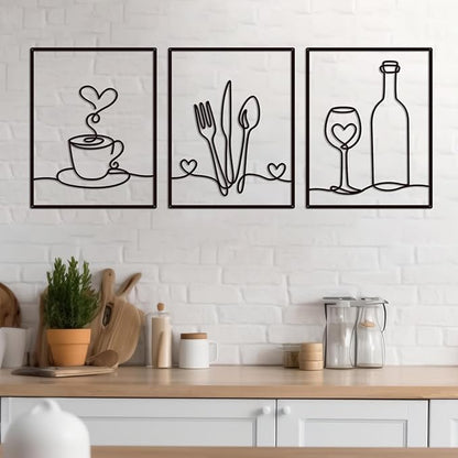 3 Pieces Metal Minimalist Line Kitchen Signs Wall Decor Drawing, Rustic Kitchen Art Wall Decor for Kitchen Dining Living Room Home, 14.2 x 11 Inches (Love)