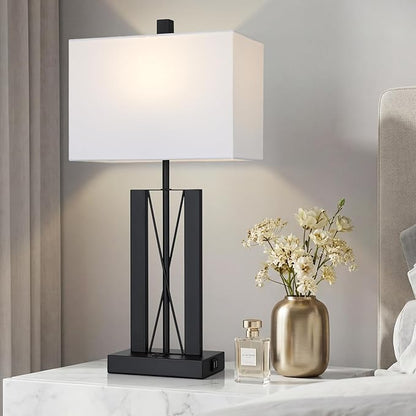 Lolikit 25" Table Lamps for Living Room Set of 2, Modern Table Lamp with 2 USB Charging Ports, Nightstand Geometric Bedside Lamp with White Shade for Bedroom End Table Desk Office(2 LED Bulb Included)