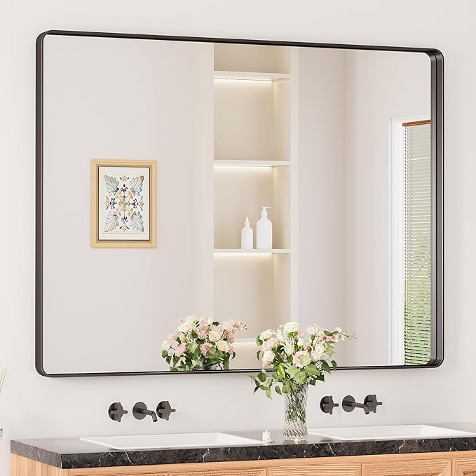 Keonjinn Black Bathroom Mirror for Over Sink, 48" x 40" Large Rounded Rectangle Bathroom Vanity Mirror, Matte Black Sandblasted Finish, Tempered Glass Seamless Aluminum Alloy Frame Decorative Mirror