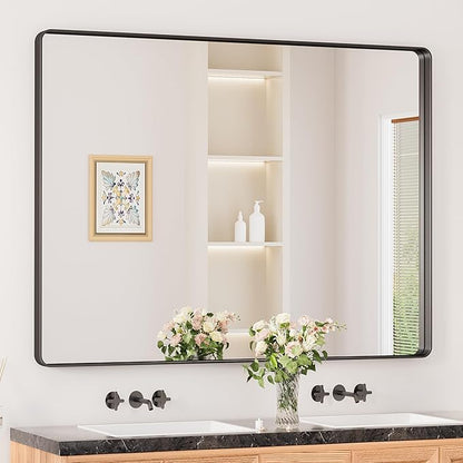 Keonjinn Black Bathroom Mirror for Over Sink, 48" x 40" Large Rounded Rectangle Bathroom Vanity Mirror, Matte Black Sandblasted Finish, Tempered Glass Seamless Aluminum Alloy Frame Decorative Mirror