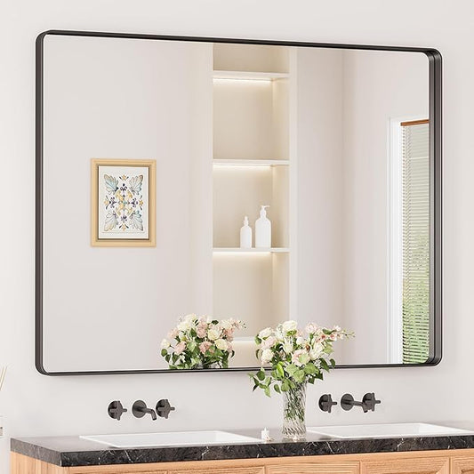 Keonjinn Black Bathroom Mirror for Over Sink, 48" x 40" Large Rounded Rectangle Bathroom Vanity Mirror, Matte Black Sandblasted Finish, Tempered Glass Seamless Aluminum Alloy Frame Decorative Mirror