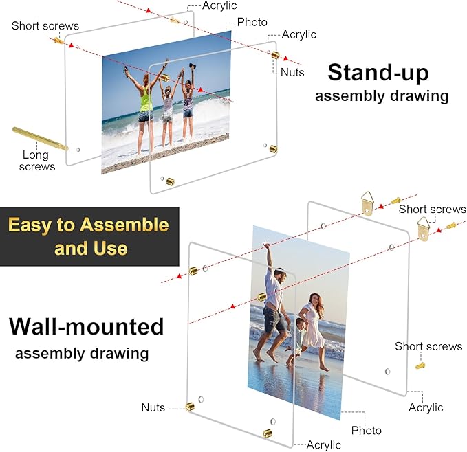 Thyle 8 Pcs Acrylic Photo Frame 8x10'' Clear Floating Picture Frame Frameless Photo Display Memories Photography Poster Frames Tabletop or Hanging Wall Mount for Family Wedding Wall Art (Gold)