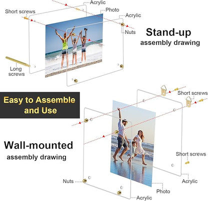 Thyle 8 Pcs Acrylic Photo Frame 8x10'' Clear Floating Picture Frame Frameless Photo Display Memories Photography Poster Frames Tabletop or Hanging Wall Mount for Family Wedding Wall Art (Gold)
