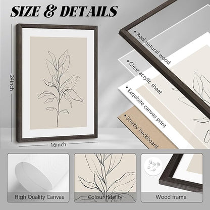 Botanical Wall Art Decor Neutral Wall Decor Boho Beige Canvas Wall Art Botanical Minimalist Pictures Neutral Prints Beige Posters Boho Artwork for Room Bedroom 16x24x3 Inch Wood Framed