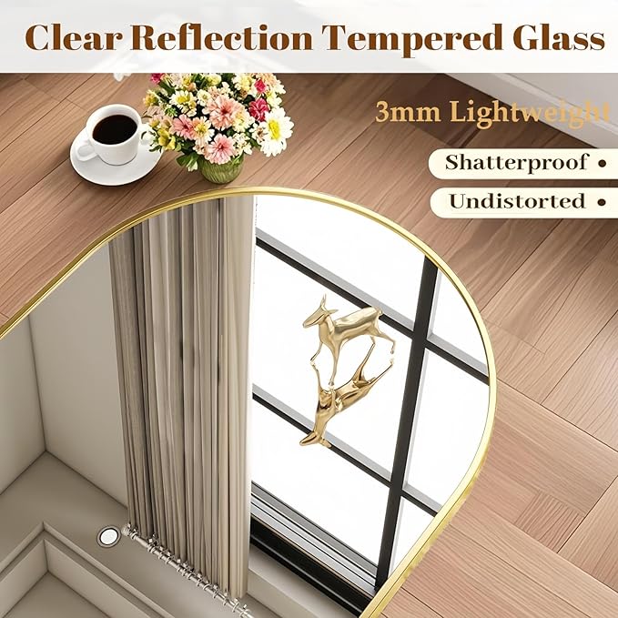 Dewfig Arched Wall-Mounted Mirror, 24"x36" Arch Bathroom Mirror, Gold Vanity Mirror for Wall Décor, Wall Mirror with Metal Frame for Bedroom, Entryway, Living Room, Brushed Gold