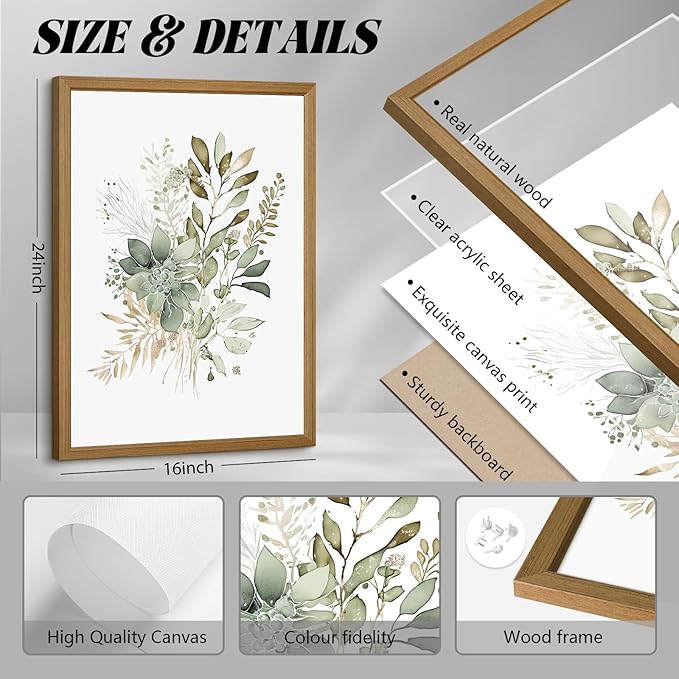 Joocrise Wooden Frame Watercolor Botanical Wall Art Boho Floral Canvas Wall Decor Prints Sage Green Wildflower Wall Art Modern Flower Pictures Botanical Painting for Bedroom Bathroom 16x24x3 Inch
