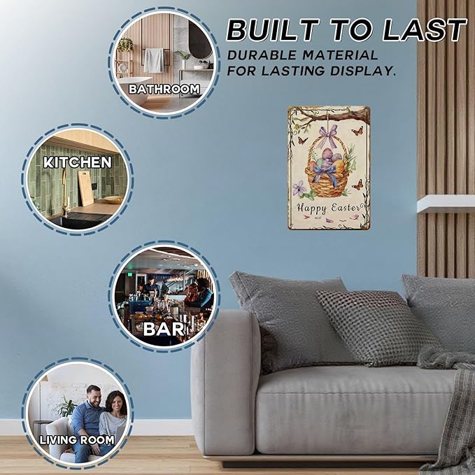 Happy Easter Metal Sign Retro Fun Design Family Party Decor Tin Wall Panel For Home Living Room Kitchen Easter Celebration 8x12Inch