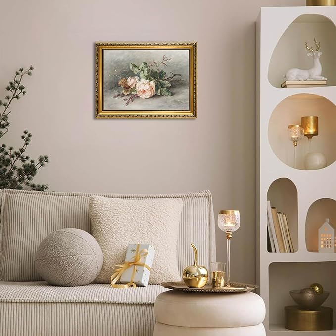 YD&YZY Gold Framed Vintage Wall Art Canvas Still Life Flower Pink Roses Farmhouse Print Art Retro Floral Wall Decor Rustic Cottagecor Painting Picture Print for Dining Room Bedroom 12x16 inch Framed