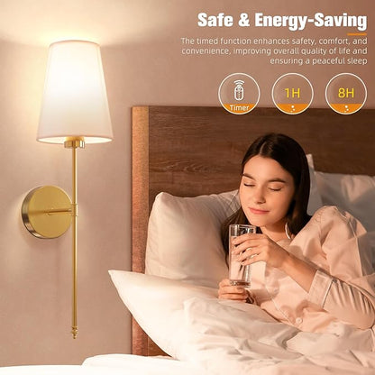 NIORSUN 25.4 inch Battery Operated Wall Sconce Set of 2,Gold Rechargeable Wall Lights with 5200mAh Dimmable Detachable Bulbs and Remote,9 Colors Wireless Sconces for Bedroom Living Room Hallway