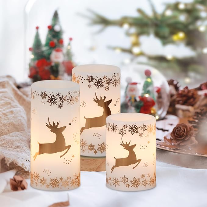 Gold Deer Flameless Flickering Candles Battery Operated with 6H Timer, 3 Pack Real Wax Warm Light LED Pillar Candles Dinner Tabletop Holiday Centerpiece Decor 3" x 6"
