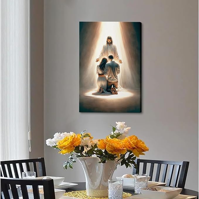 Jesus Blesses Couple Canvas Wall Art Couple Kneeling and Praying to Jesus Painting picture Wall Decor religion Christian Poster Print Artwork for Church LDS bedroom Living Home Decor 12x16 in Canvas