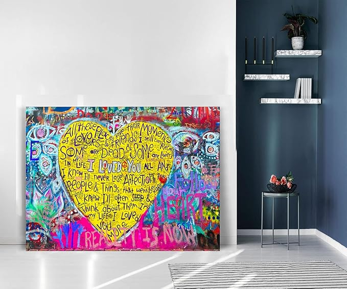 Large Size Banksy Street Decor Poster Canvas Graffiti Wall Art I Loved You Yellow Love Heart Wall Art Canvas Prints and Painting Home Wall Decor Office Framed Graffiti Art Easy to Hang -44" WX28 H