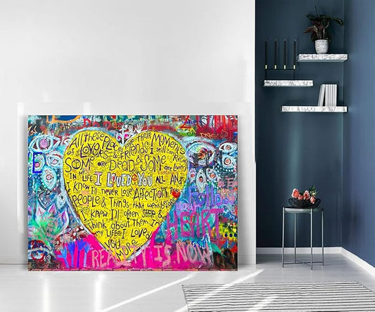 Large Size Banksy Street Decor Poster Canvas Graffiti Wall Art I Loved You Yellow Love Heart Wall Art Canvas Prints and Painting Home Wall Decor Office Framed Graffiti Art Easy to Hang -44" WX28 H