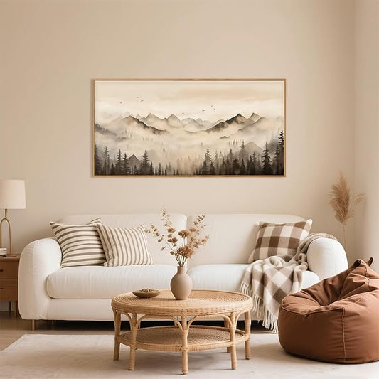 Nature Misty Forest Framed Canvas Wall Art Set, Foggy Landscape Wall Decor, Watercolor Pine Tree Wall Painting, Large Mountains Art Print for Living Room, Bedroom, Office - 20"X40"