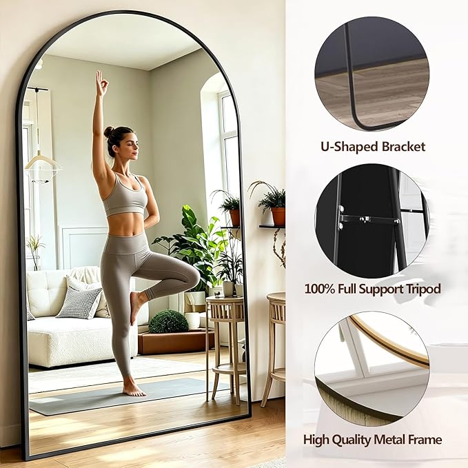 DMWOODFL 46"x90" Extra Large Arched Full Length Black Mirror - Aluminum Alloy Frame, Standing/Leaning/Wall Mounted, Modern Home Decor for Bedroom, Living Room, Cloakroom