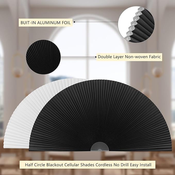 Arch Window Shade Blackout Cellular Shades Half Circle Moon Window Covering No Drill Honeycomb Cordless Blinds for Indoor Window Room Darkening Easy Install Light Blocking Blinds (1, Black, 36x18inch)