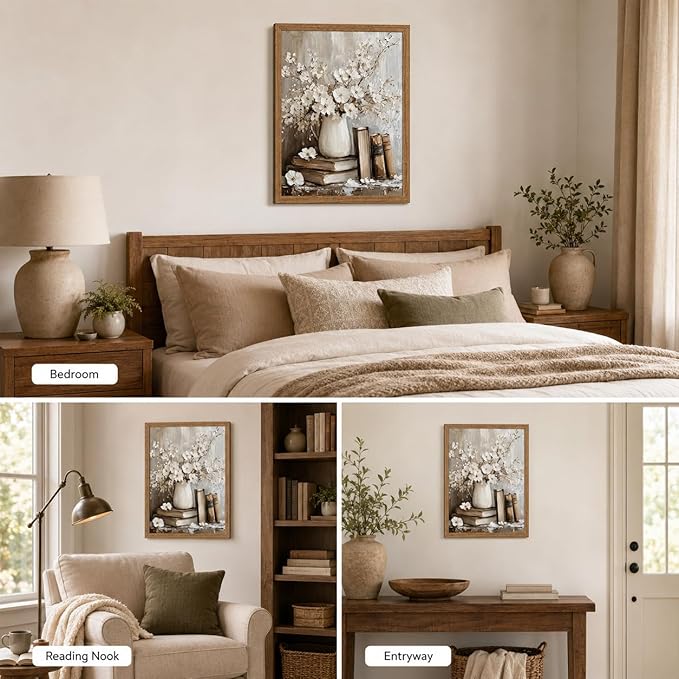 Framed Rustic Books Wall Art Farmhouse Floral Painting Picture Wall Decor Still Life Flowers Poster Print Artwork for Library Gallery Living Room Home Decoration