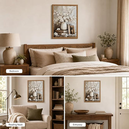 Framed Rustic Books Wall Art Farmhouse Floral Painting Picture Wall Decor Still Life Flowers Poster Print Artwork for Library Gallery Living Room Home Decoration