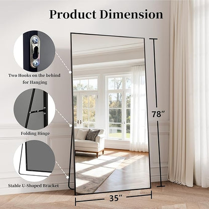 Large Full Length Mirror, 78"x35" Big Full Body Mirrors, Floor Mirror Full Length, Standing Mirror for Bedroom, Living Room Cloakroom, Tempered Glass, Aluminum Alloy, Black