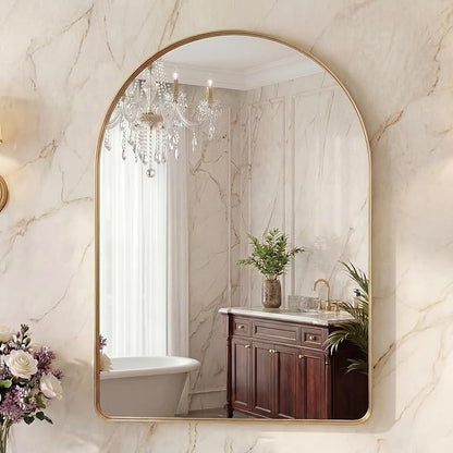 OLIXIS Arched Bathroom Mirror for Over Sink, 36x24 Inch Wall Mirror Arched Rounded Rectangle, Modern Wall Mount Vanity Mirror with Matte Metal Deep Framed, for Home Decor, Living Room, Gold