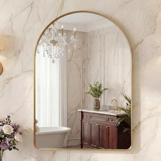OLIXIS Arched Bathroom Mirror for Over Sink, 36x24 Inch Wall Mirror Arched Rounded Rectangle, Modern Wall Mount Vanity Mirror with Matte Metal Deep Framed, for Home Decor, Living Room, Gold