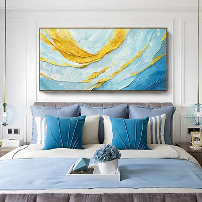 Nicetop Extra Large Framed Abstract Canvas Wall Art – Blue Gold Modern Oversized Picture Flowing Lines Art Print – Horizontal Wall Decor with Wood Frame for Living Room Bedroom Home Office 58x29Inch