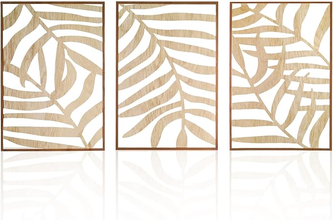 Jinzhenhong 3Pcs Modern Wooden Wall Sculptures, Leaf Sign Vintage Tropical Plant Wall, Wood Rustic Palm Leaf Wall Art Decor for Living Room Bathroom Bedroom Office (Leaf 2 Light Brown)