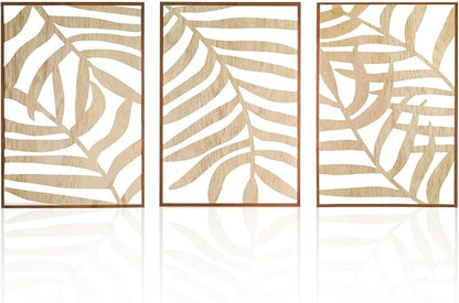 Jinzhenhong 3Pcs Modern Wooden Wall Sculptures, Leaf Sign Vintage Tropical Plant Wall, Wood Rustic Palm Leaf Wall Art Decor for Living Room Bathroom Bedroom Office (Leaf 2 Light Brown)