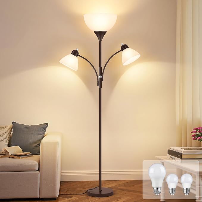 Coucrek Floor Lamp for Living Room,72" Dimmable Torchiere Lamp with 2 Reading Lights for Bedroom, Brown Tall Standing Room Lamp, 3 Bulbs Included