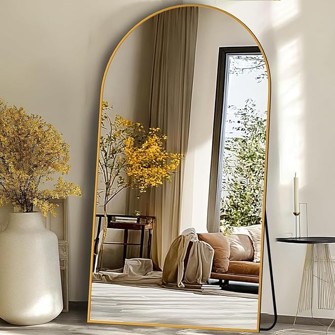 44"×88" Arched Full Length Floor Mirror, Standing Mirror with Aluminum Frame, Large Body Mirror of Free Standing/Wall Mount/Leaning for Bedroom, Living Room, Dressing Room, Gold