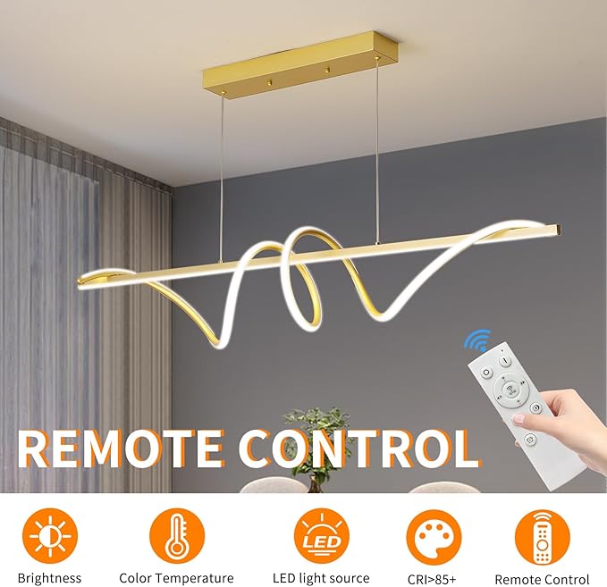 Modern LED Gold Pendant Light, 57IN Ceiling Chandelier Fixtures Dimmable with Remote Control 3000k-6500K Adjustable Color Temperature, Aluminum Island Lighting Lamp for Dining Room, Living Room