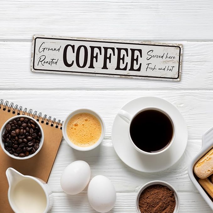 Coffee Signs for Coffees Corner Decor, Ground Roasted Coffee Served Here Sign, Retro Metal Tin Sign, Farmhouse Kitchen Wall Decor, Cafe Decoration, Decorative Metal Wall Signs 15.8x4 Inches