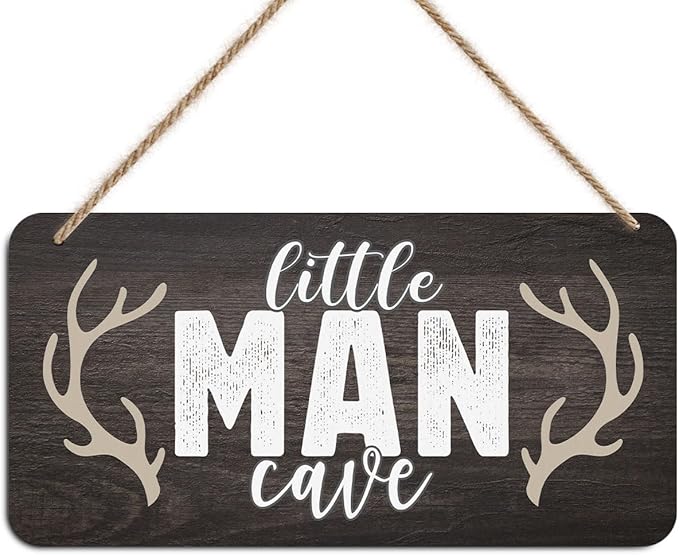 Little Man Cave Sign Door Wall Art Decor, Vintage Little Man Cave Antlers Wooden Wall Decoration, Rustic Brown Hanging Sign for Bedroom Living Room Front Door