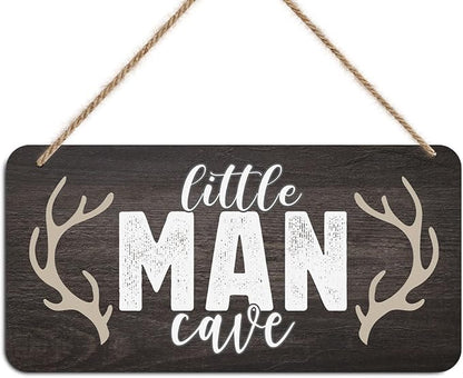 Little Man Cave Sign Door Wall Art Decor, Vintage Little Man Cave Antlers Wooden Wall Decoration, Rustic Brown Hanging Sign for Bedroom Living Room Front Door