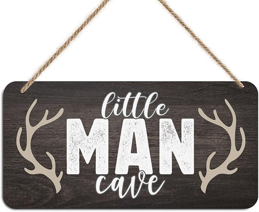 Little Man Cave Sign Door Wall Art Decor, Vintage Little Man Cave Antlers Wooden Wall Decoration, Rustic Brown Hanging Sign for Bedroom Living Room Front Door
