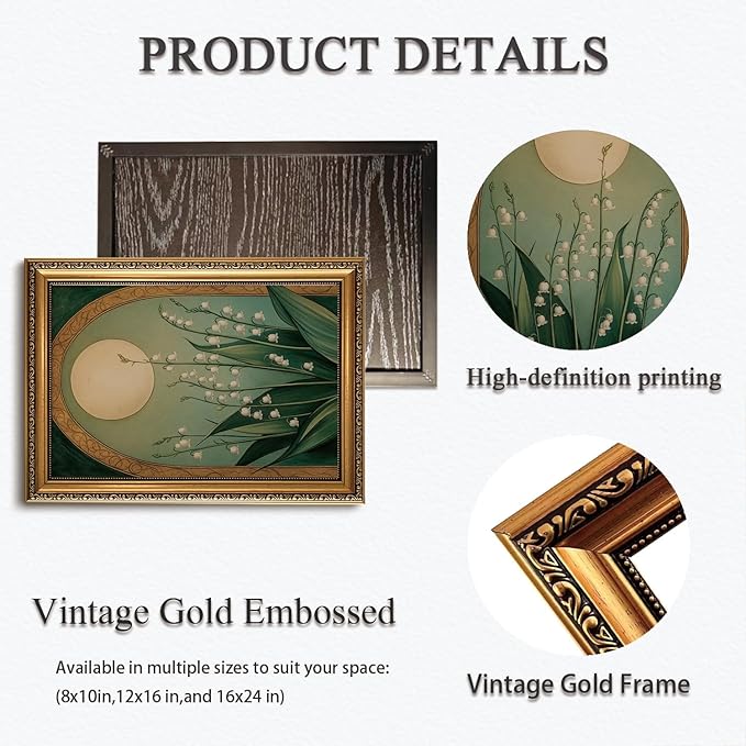WZGZXU Vintage Gold Framed Wall Art Nouveau Botanical Wall Decor Lily Of The Valley Canvas Art Boho Pictures Floral And Moon Painting Moody Flowers Prints For Living Room Bedroom Bathroom