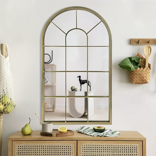 HQiJun Wall Mirror Window Decorative Mirrors Arched Farmhouse for Living Room Bedroom Entryway Bathroom Vanity (Gold, 41.3" x 24" x 1")