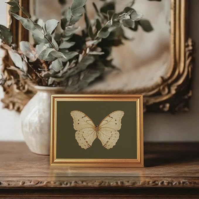 JLTULT Gold Frame White Butterfly Wall Art Print on Dark Green Background, Vintage Framed Wall Decor for Living Room, Bedroom, Office 8x10 Inch Fade-Resistant Print Easy to Hang