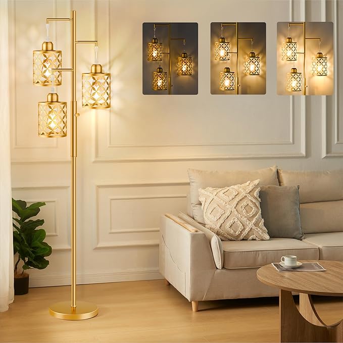 Dimmable Floor Lamp, Farmhouse Standing Lamp with Elegant Metal Cage, Industrial Tall Tree Floor Lamps for Living Room, Bedroom, Study Room, Office, 3 x 800LM LED Bulbs Included, 72", Gold