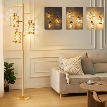 Dimmable Floor Lamp, Farmhouse Standing Lamp with Elegant Metal Cage, Industrial Tall Tree Floor Lamps for Living Room, Bedroom, Study Room, Office, 3 x 800LM LED Bulbs Included, 72", Gold