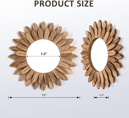 Honiway Boho Wall Decor Mirror 2 Pack Rustic Wood Mirror 12 inch Boho Mirror Home Decor Farmhouse Room Decorations for Bedroom Living Room Carbonized Black