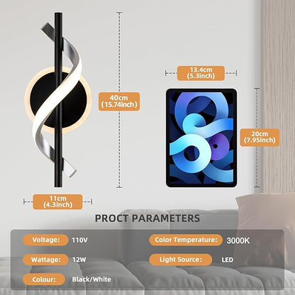 EIDISUNY LED Wall Sconces Indoor, 12W LED Wall Mount Lights, Modern Spiral Wall Lamp, 3000K Warm White LED Light Fixture for Stairs Living Room Bedroom Aisle Hallway (Warm White, Black)