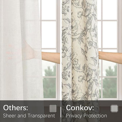 Taupe Floral Curtains for Living Room 108 Inches Long 2 Panels French Country Romantic Peony Patterned Vintage Farmhouse Linen Curtains Grommet Retro Window Treatments,50" W X 108" L