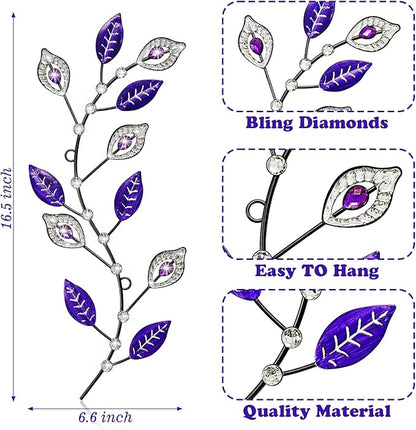 sxnzequnze 2 Sets Leaf Wall Art for Home Metal Bling Rhinestones Ready to Hang Tree Branch Leaves Olive Vine Wrought Iron Hanging Sculpture Pieces Wall Decor Pcs - 16.5in