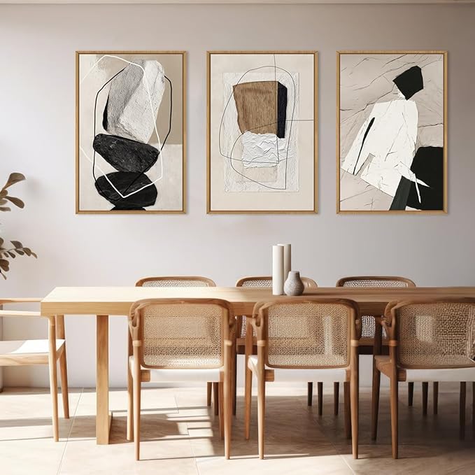 ANHUIB Large Abstract Wall Art Canvas,Black Beige Artwork,Neutral Modern Framed Wall Art, Minimalist Geometric Painting,24x36 Inches Set of 3 for Living Room Bedroom