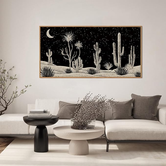 Desert Night Cactus Framed Canvas Wall Art Set,Southwestern Black and White Landscape Wall Decor,Rustic Wooden Mid Century Boho Moon Artwork for Living Room,Bedroom-20 x40