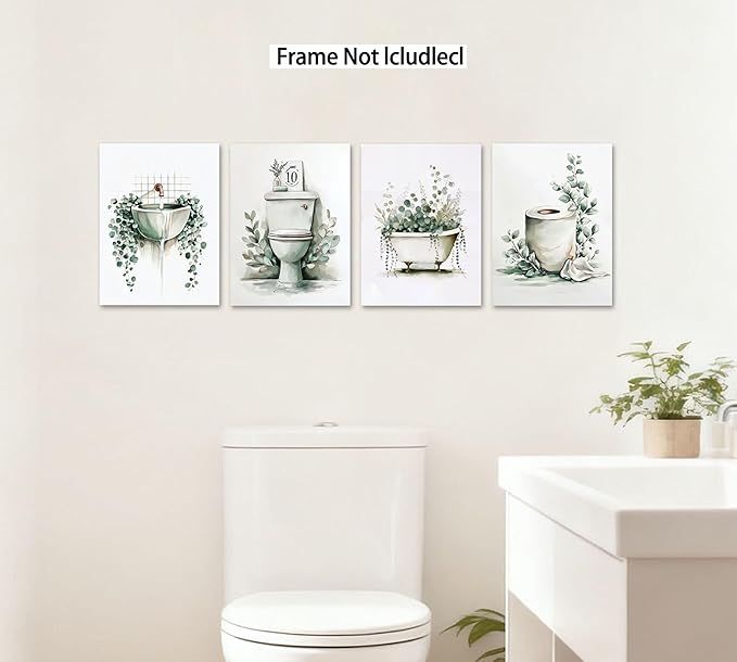 Frimeeme Unframed Green Botanical Bathroom Wall Art Decor,Boho Botanical Eucalyptus Watercolor Prints,Set of 4, 8x10 Inches
